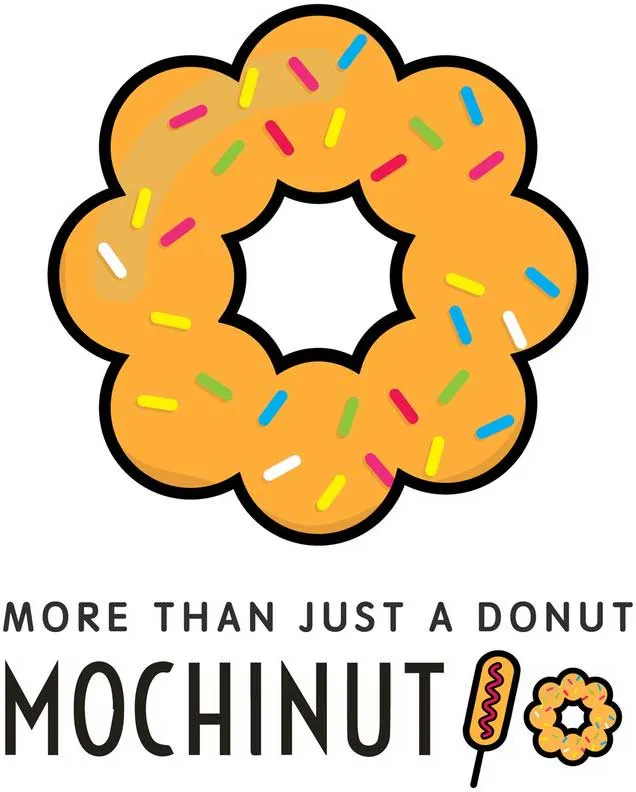 Mochinut brand logo, flower‑shaped mochi donut graphic with colorful sprinkles, tagline "More than just a donut", text Mochinut paired with corn dog and mini donut icon on white background