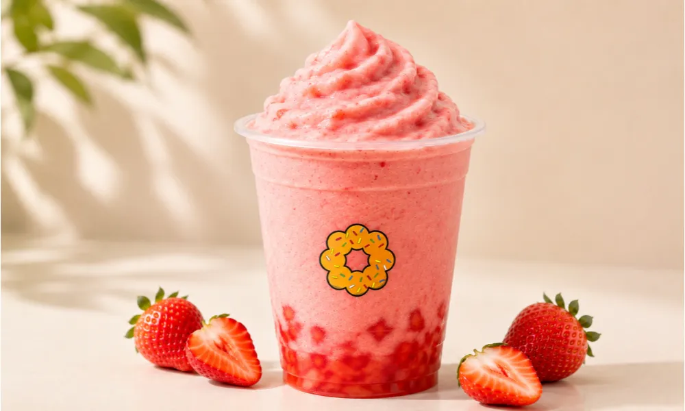 Vibrant pink strawberry slush overflowing at top of branded cup, strawberry fruit boba settled at bottom. Whole and halved fresh strawberries surround cup on soft neutral background.